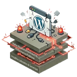 Technische Visualisierung: Hoher RAM-Verbrauch durch WordPress PageBuilder im Vergleich zu Clean Code